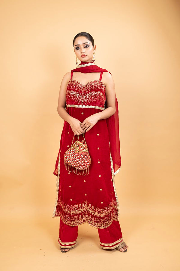 Beautiful Red Potli with Pipe and White Moti Sequin Design