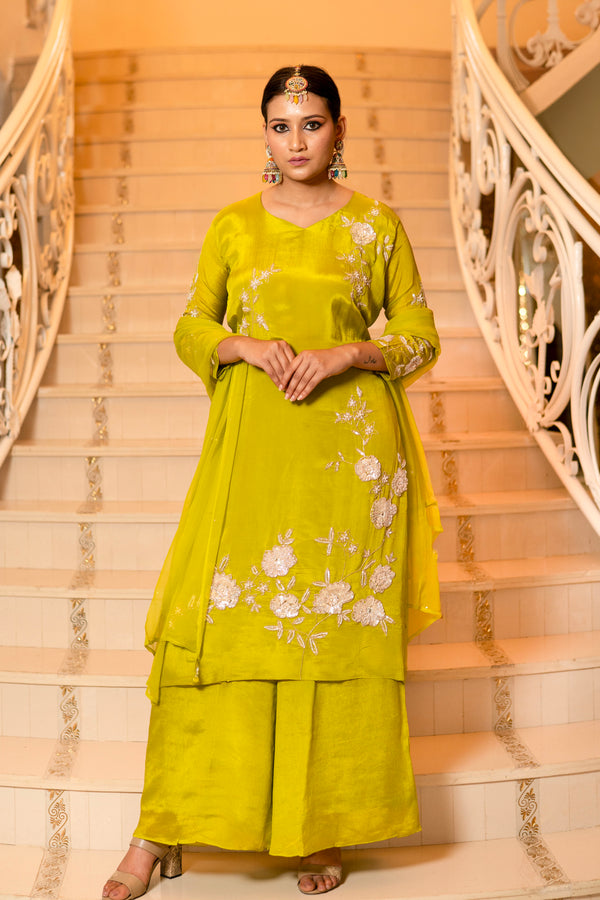Mehandi Green Chiffon Hand Embriodered Kurta with Palazzo Set