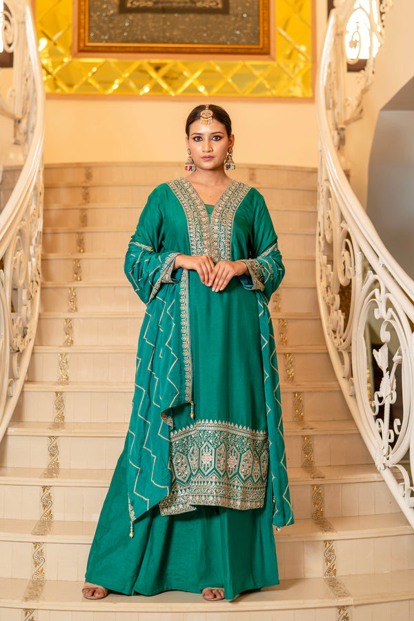 Teal Green Viscose Silk Embroidered  Kurta with Flared Palazzo Set