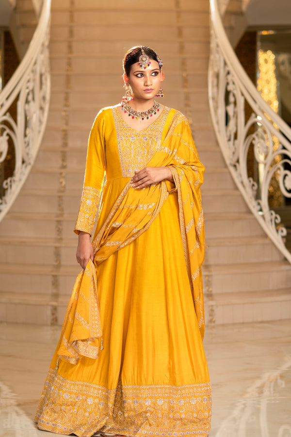 Yellow Viscose Silk Zari Embriodered Floor Length Anarkali Set