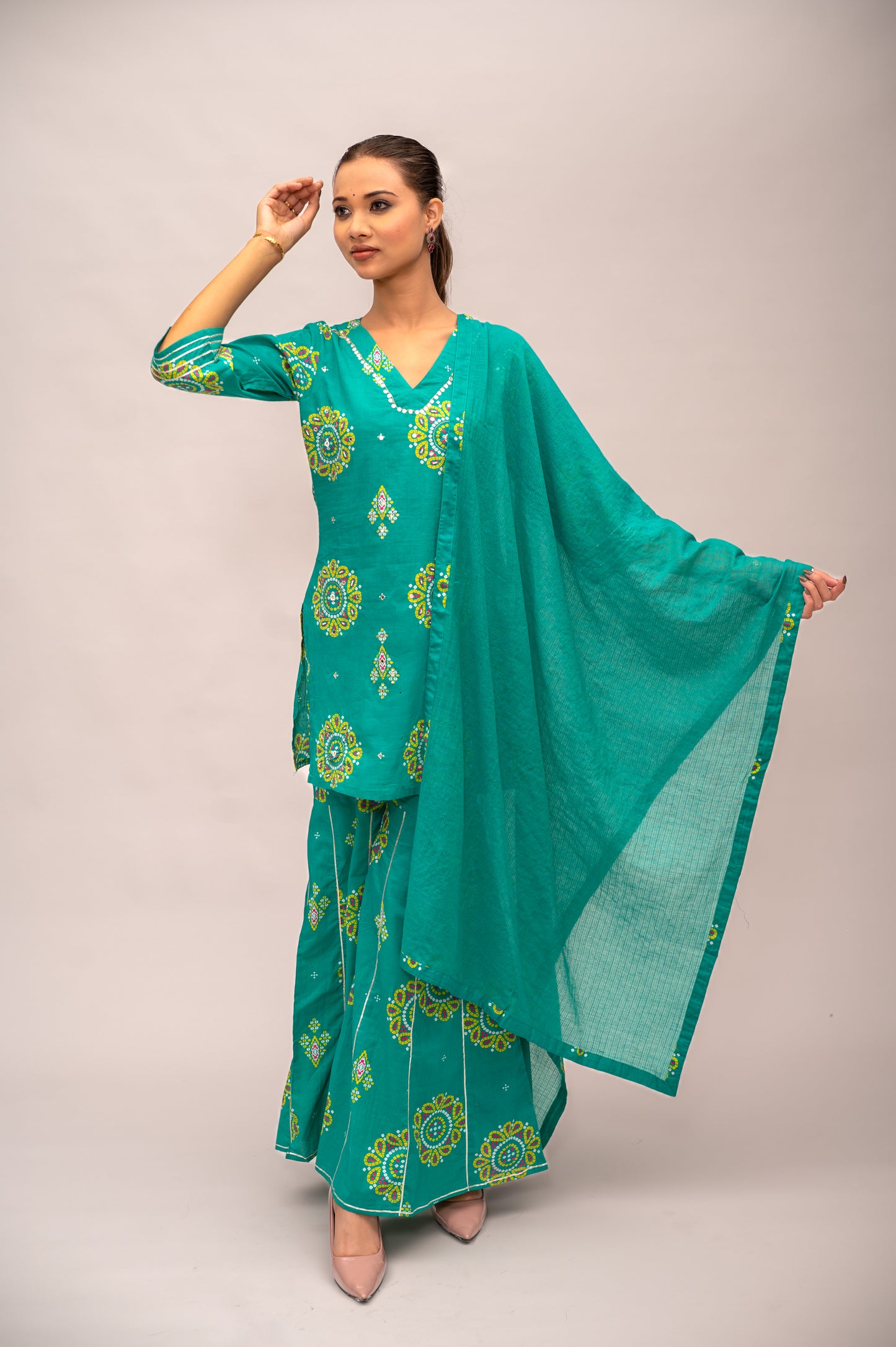 Green Mal Cotton Bandhani Print Sharara Suit with Mirror Embroidery