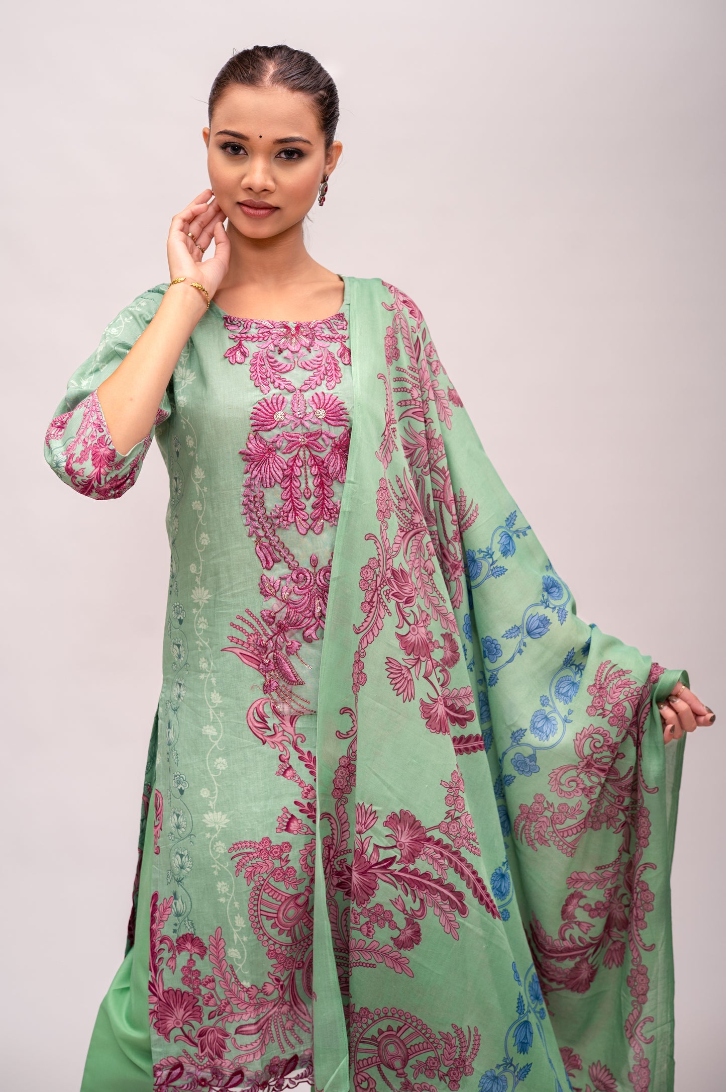 Pastel Green Lawn Cotton Suit with Plain Bottom and Printed Dupatta