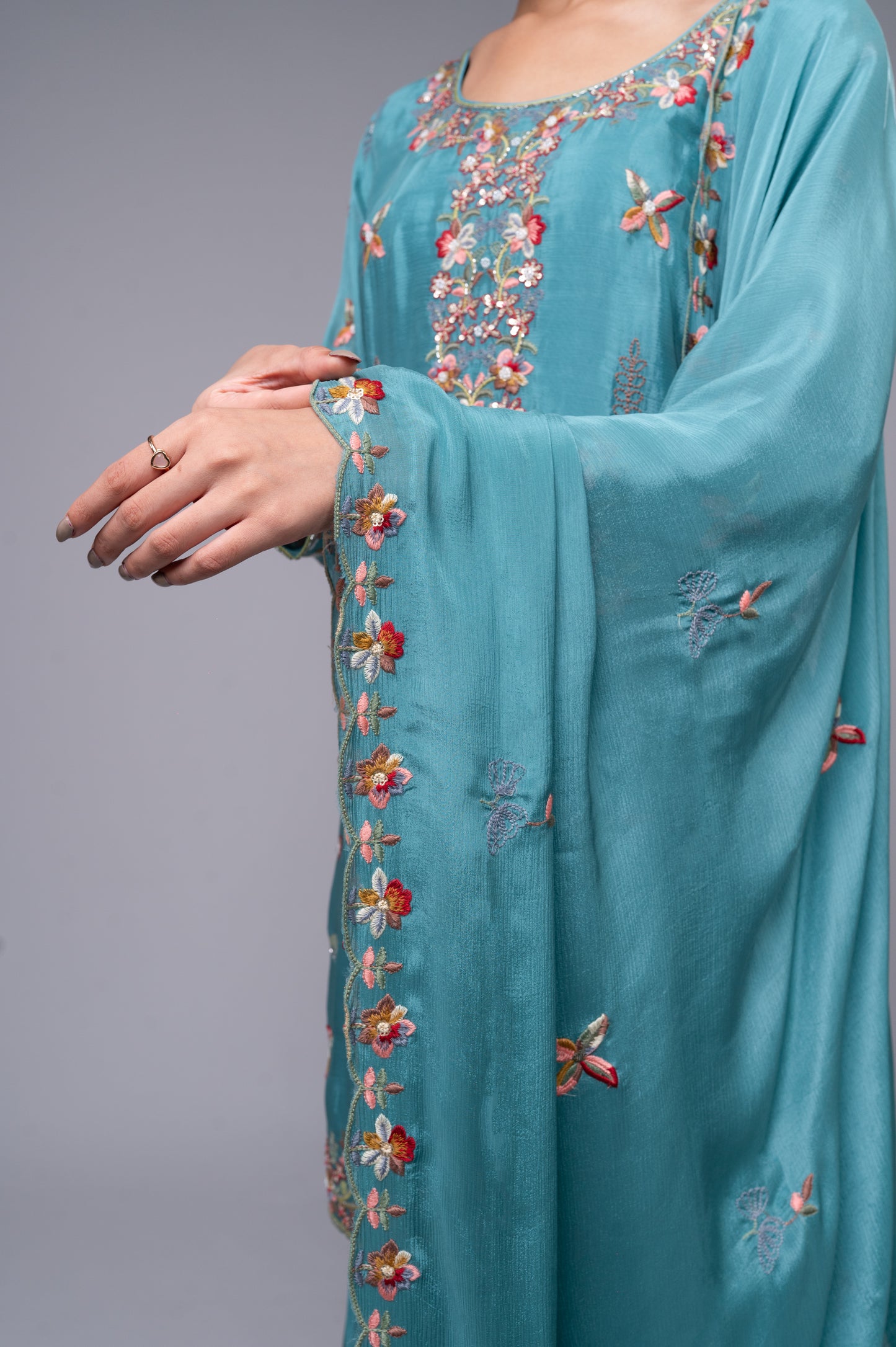 Sky Blue Garara Kurta Set with Pearl, Jarkan & Multicolor Embroidery