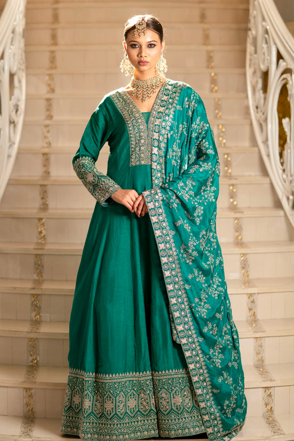 Teal Green Viscose Silk Zari Embriodered Floor Length Anarkali Set