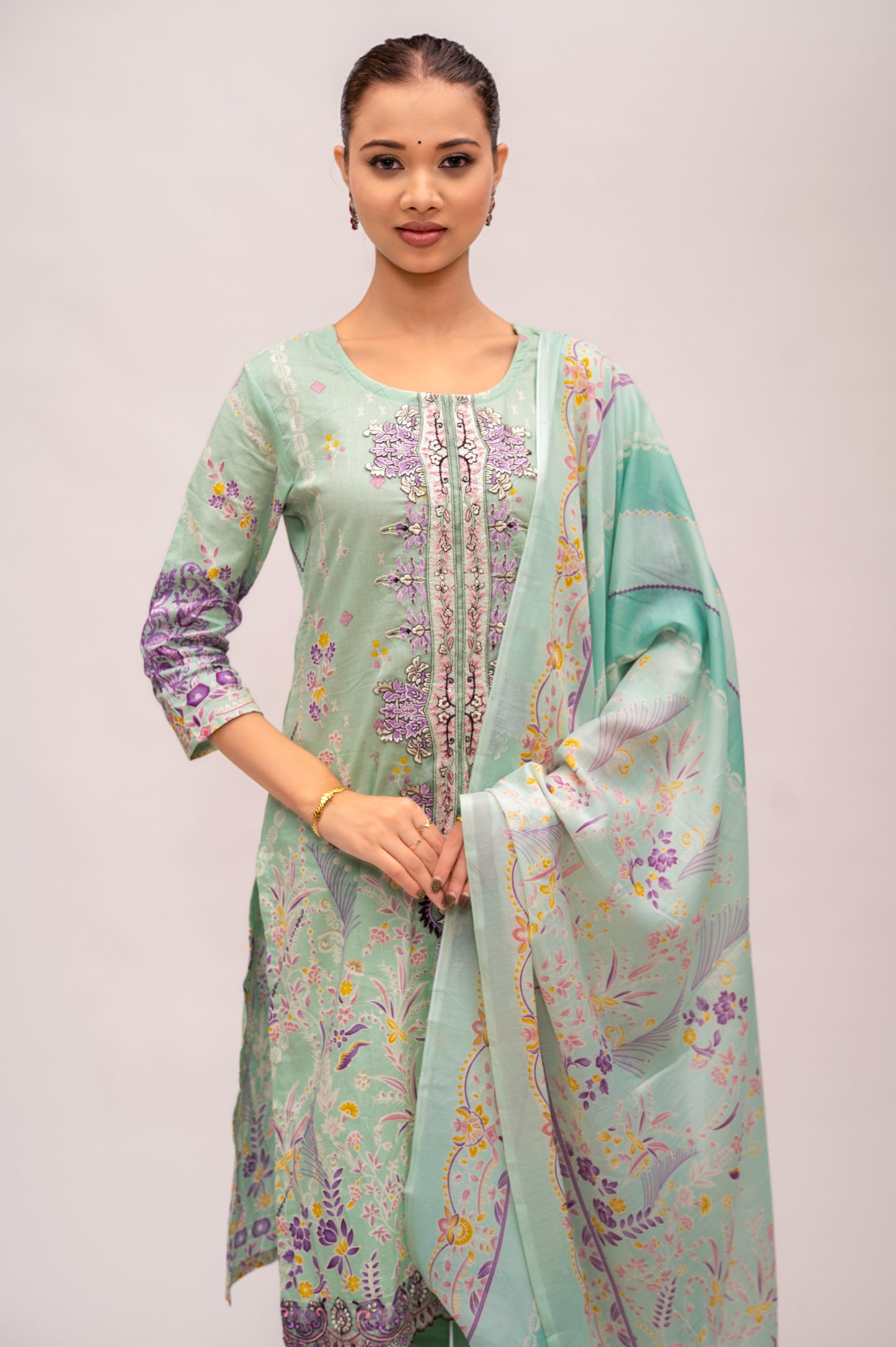 Green Cotton Lawn Suit with Embroidery with a Malmal Printed Dupatta