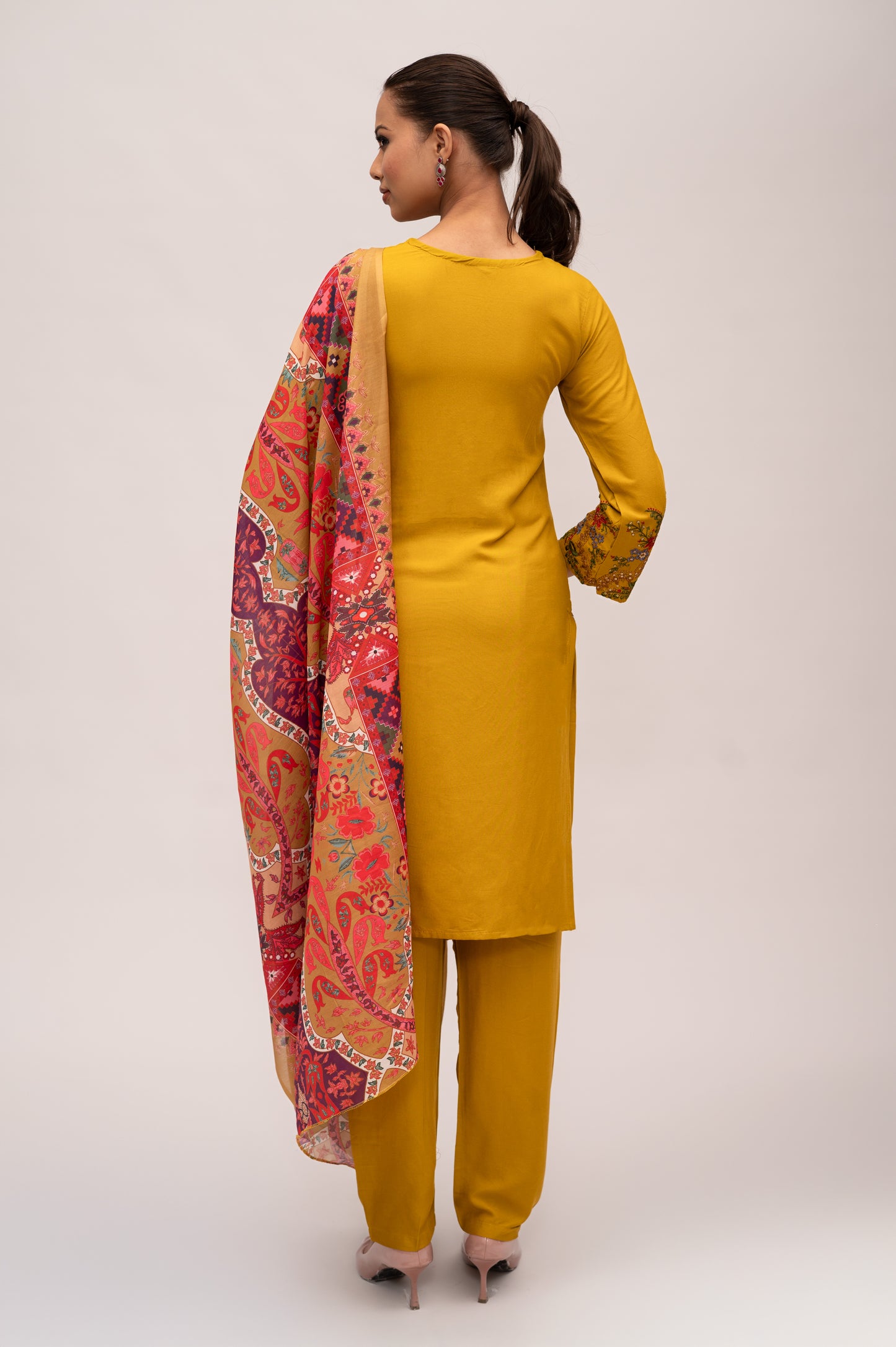 Lemon Yellow Cotton Suit with Embroidery with a Malmal Printed Dupatta