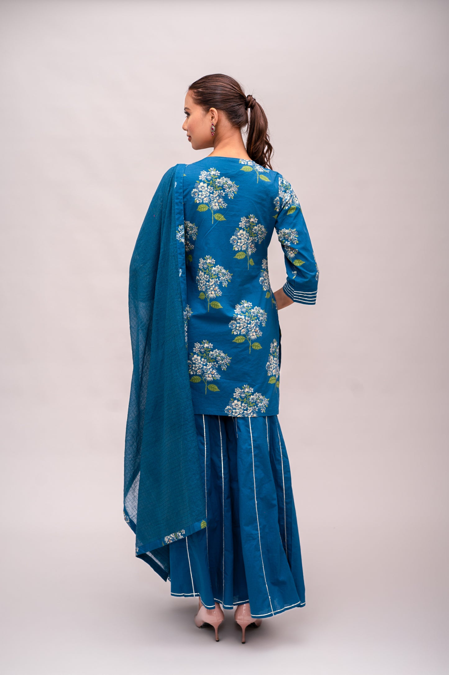Navy Blue Mal Cotton Floral Print Sharara Suit with Mirror Embroidery