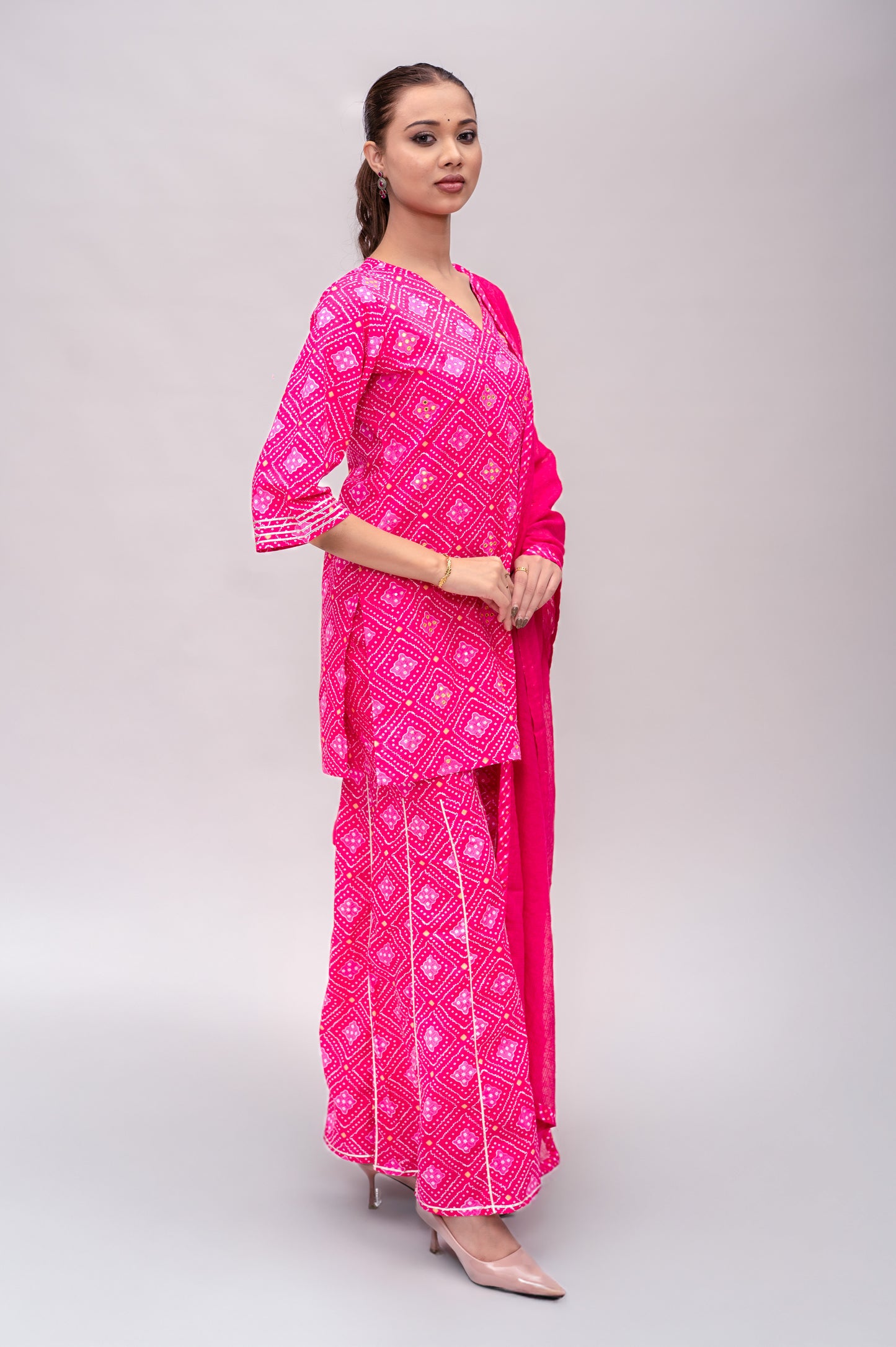 Fuchsia Pink Mal Cotton Bandhani Print Sharara Suit with Mirror Embroidery