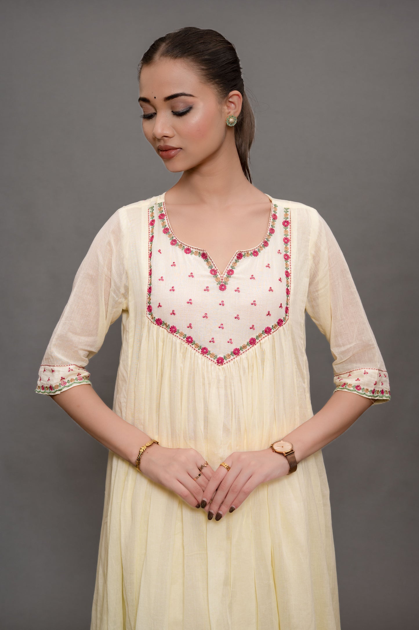 Off White Frock Suit with Pant & Dupatta WithThread Embroidery