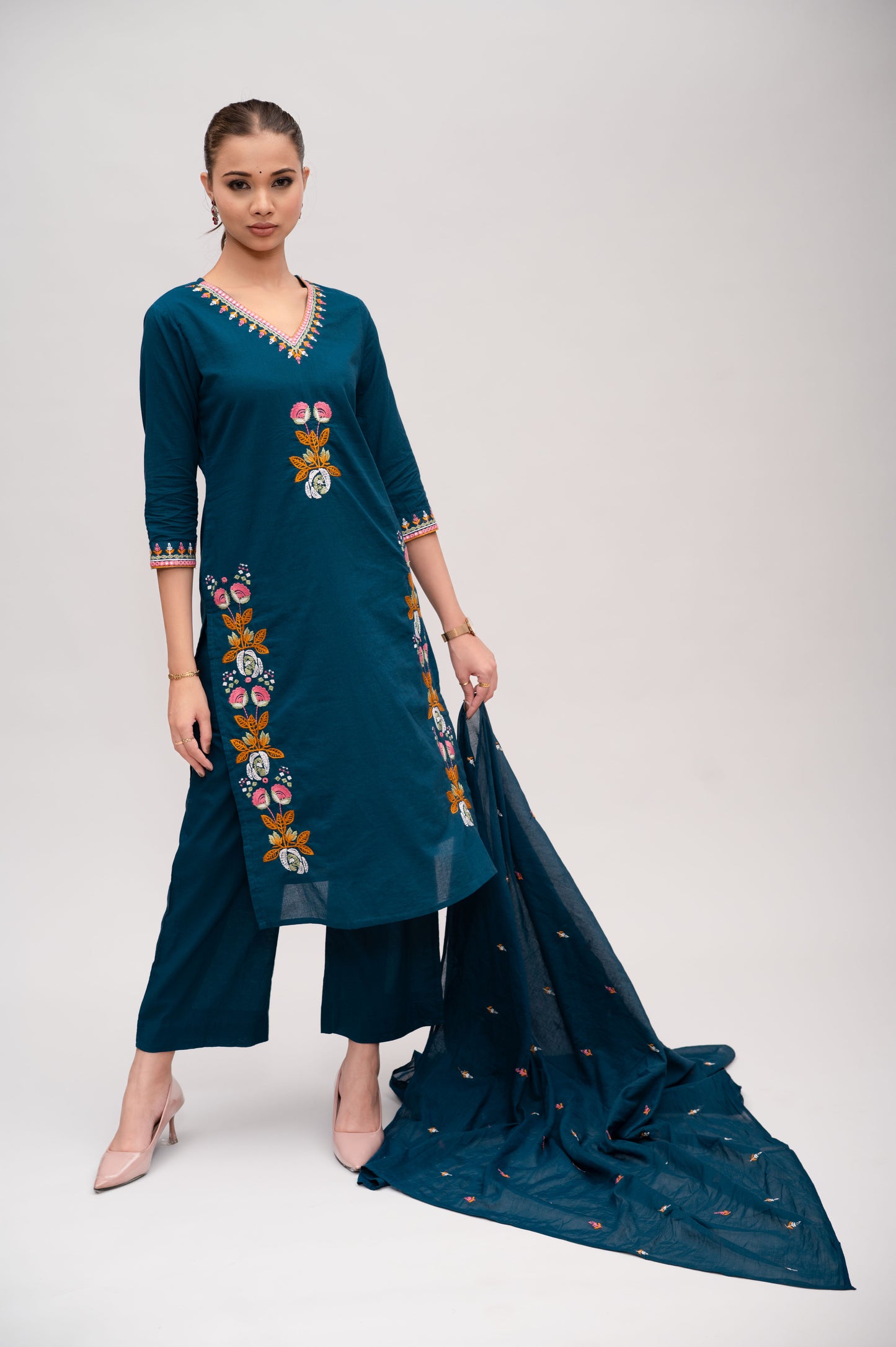 Teal blue Mal Cotton Straight Suit with Pant & Dupatta With Thread Embroidery and Mirror Work