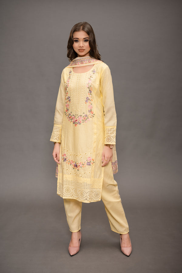 Lemon Yellow Cotton Suit with Embroidery with a Malmal Printed Dupatta