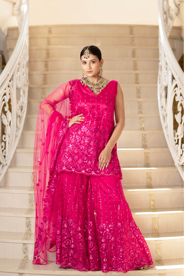 Fuchsia Pink Super Net Sleeveless Kurta with Flared Palazzo Set