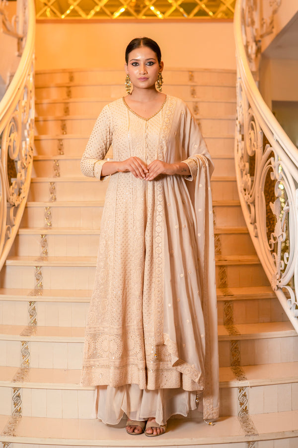 Ivory Cream Lucknowi Anarkali Kurta and Palazzo Sets