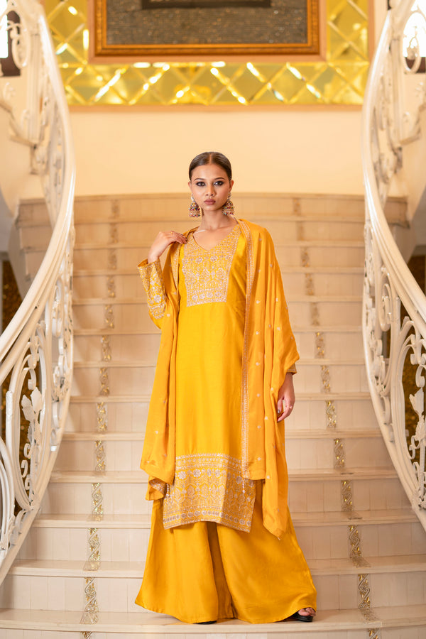 Yellow Viscose Silk Embroidered  Kurta with Flared Palazzo Set
