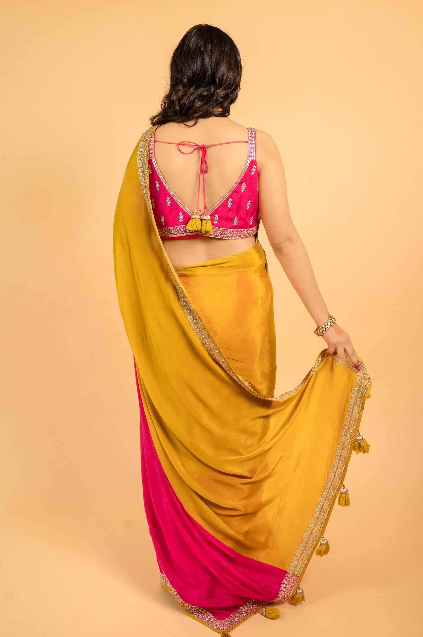 Two Blouse Concept – Yellow-Pink Tween shade Georgette Saree with Sequin Border Work