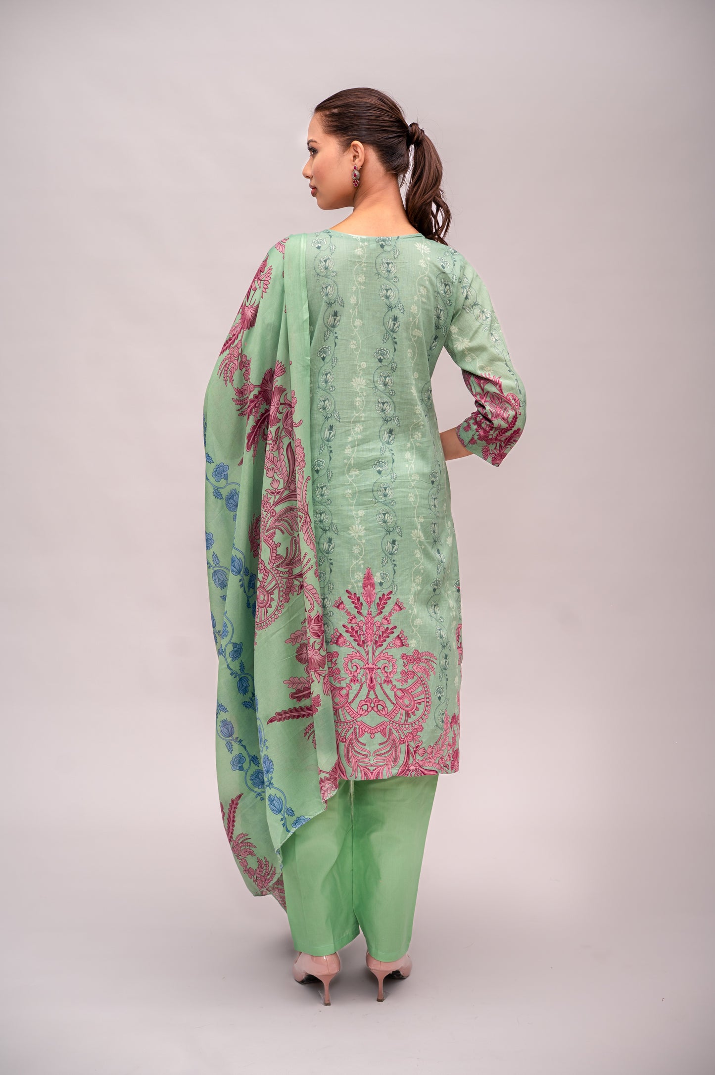 Pastel Green Lawn Cotton Suit with Plain Bottom and Printed Dupatta