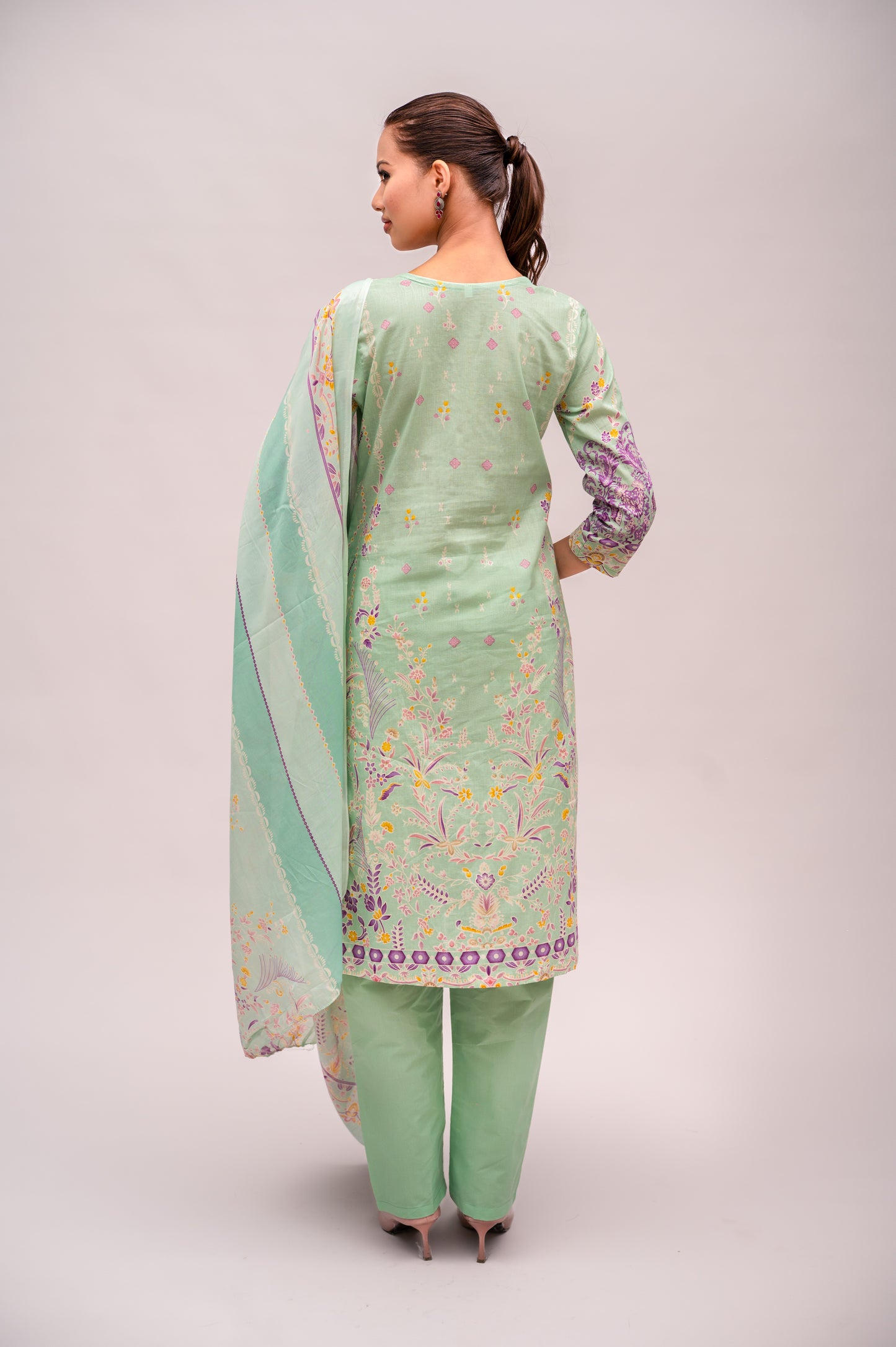 Green Cotton Lawn Suit with Embroidery with a Malmal Printed Dupatta