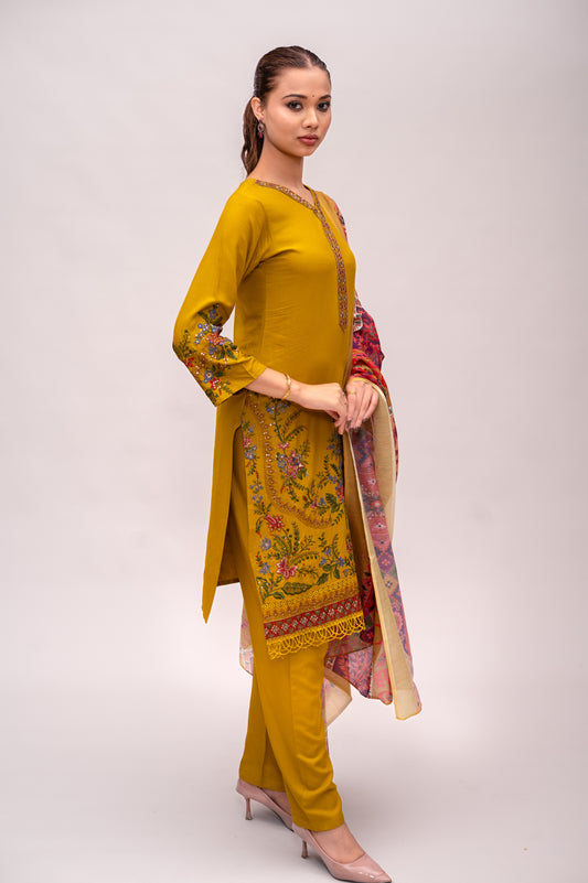 Lemon Yellow Cotton Suit with Embroidery with a Malmal Printed Dupatta