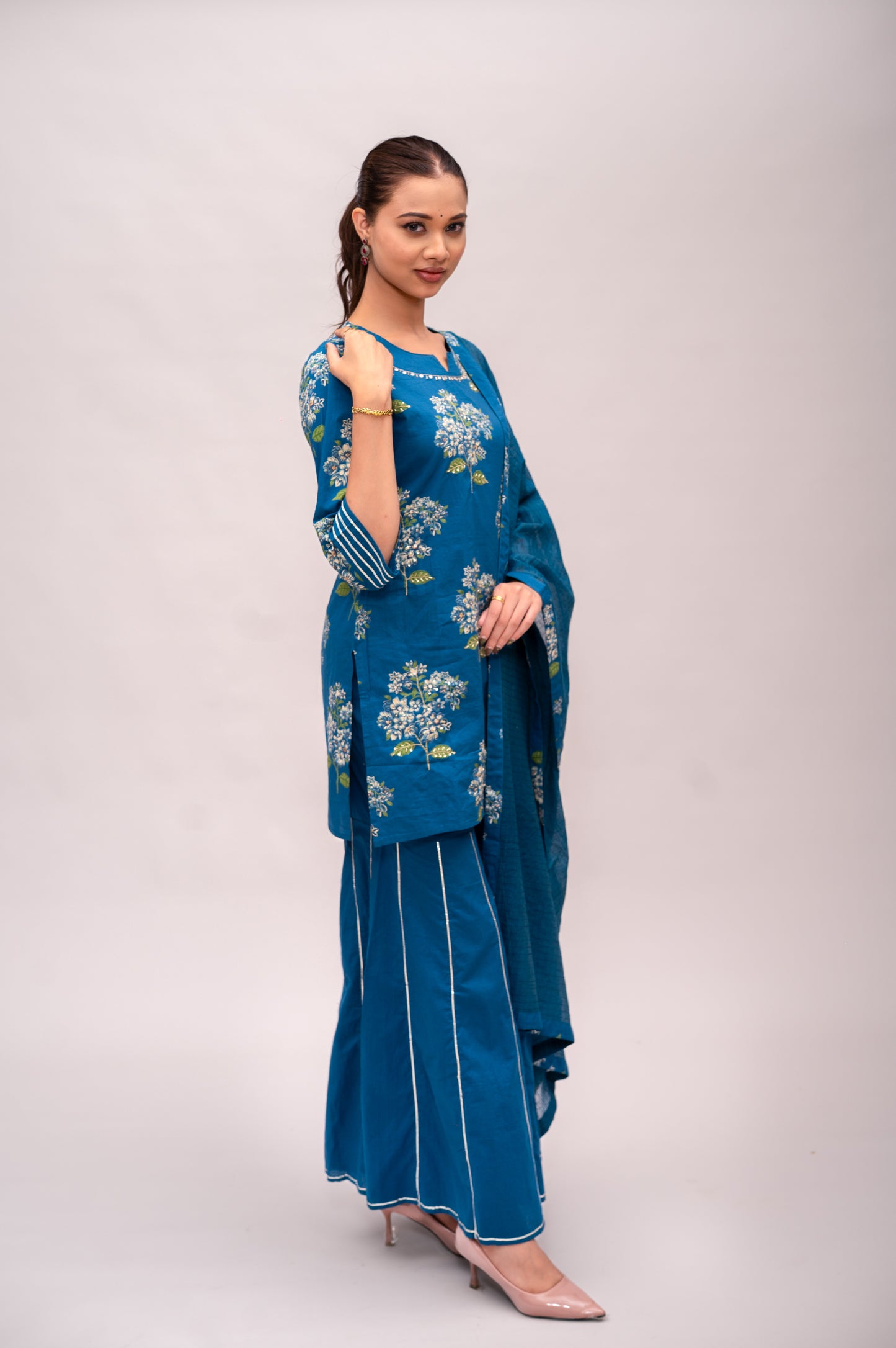 Navy Blue Mal Cotton Floral Print Sharara Suit with Mirror Embroidery