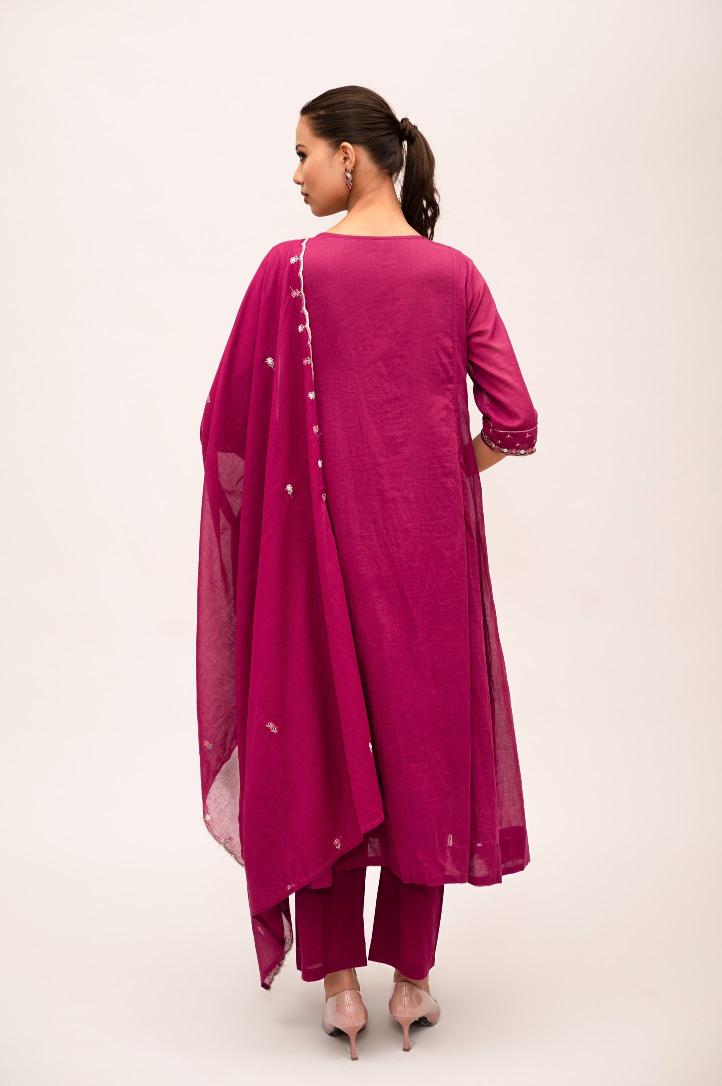 Wine Red Frock Suit with Pant & Dupatta With Thread Embroidery