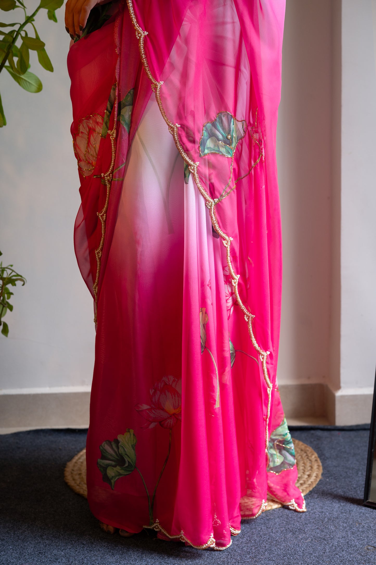Fuchsia Pink Tebi Twin Silk Saree with Floral Digital Print & Moti Handwork Border