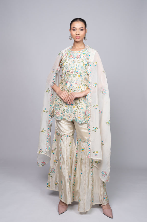 Ivory Cream White Crepe Garara Set with Pearl Embroidery