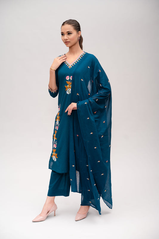 Teal blue Mal Cotton Straight Suit with Pant & Dupatta With Thread Embroidery and Mirror Work