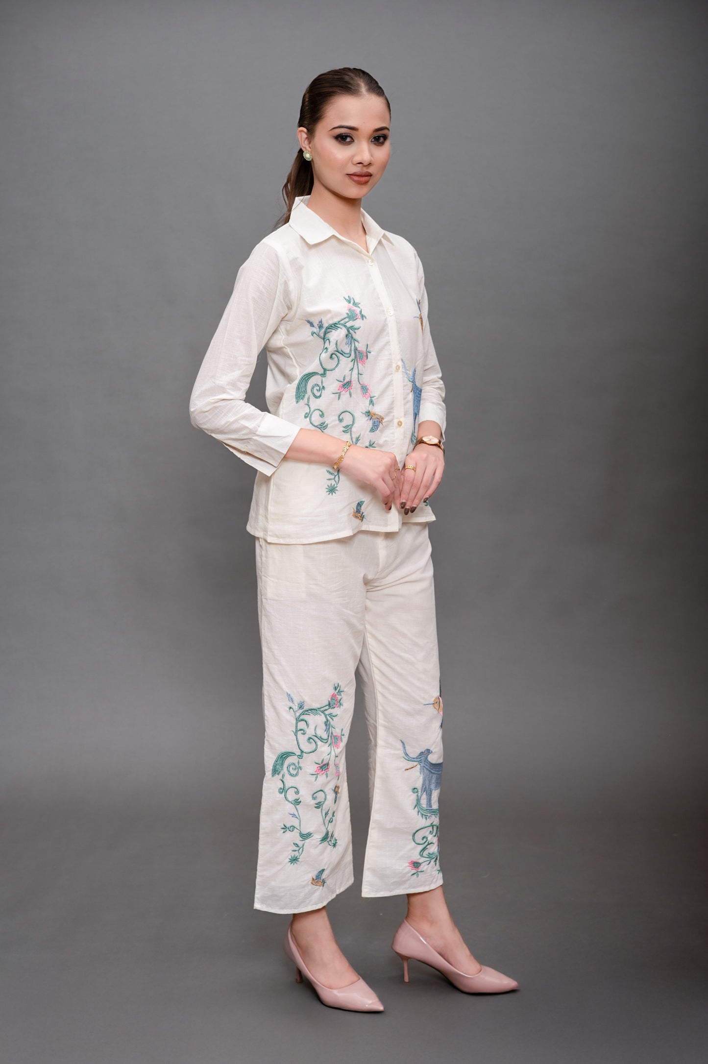 Cream White Cotton Cord Set with Embroidery and Animal Motifs