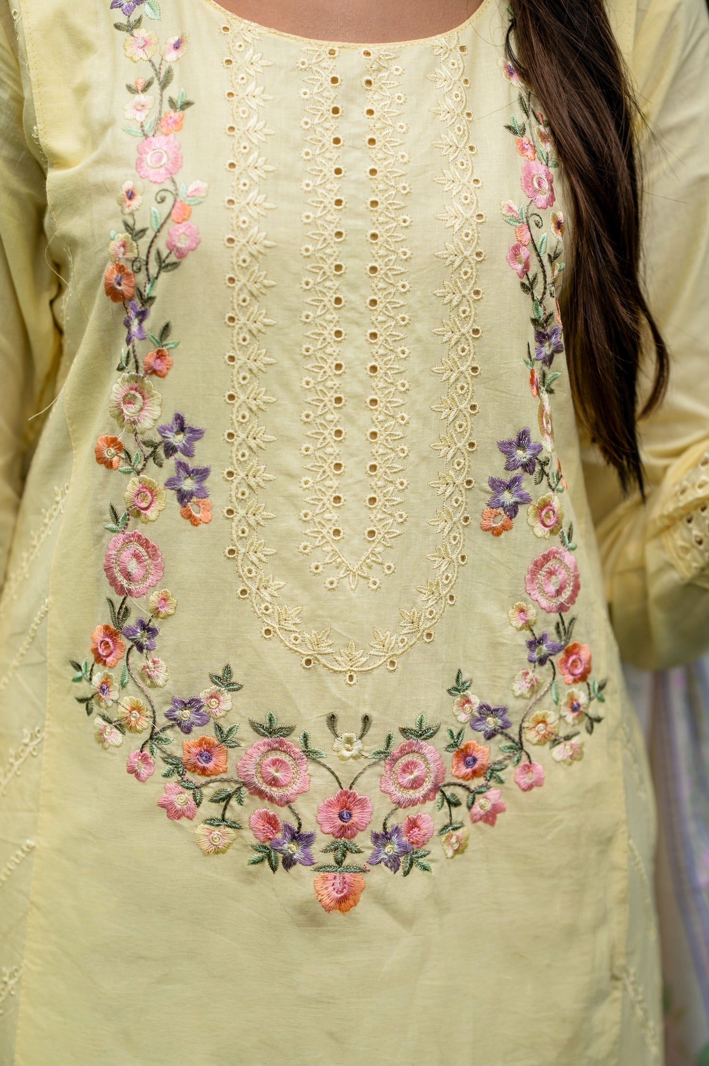 Lemon Yellow Cotton Suit with Embroidery with a Malmal Printed Dupatta