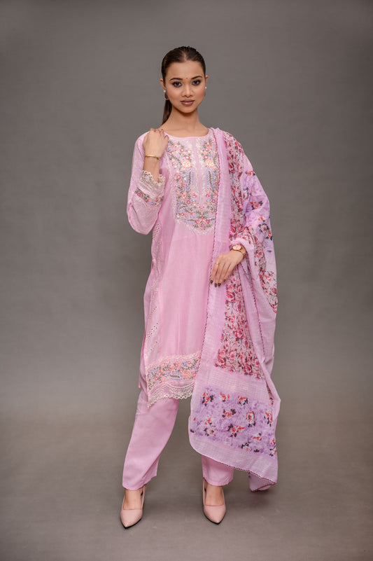Pink Cotton Fancy Suit with Heavy Self Embroidery, Paired with a Malmal Printed Dupatta