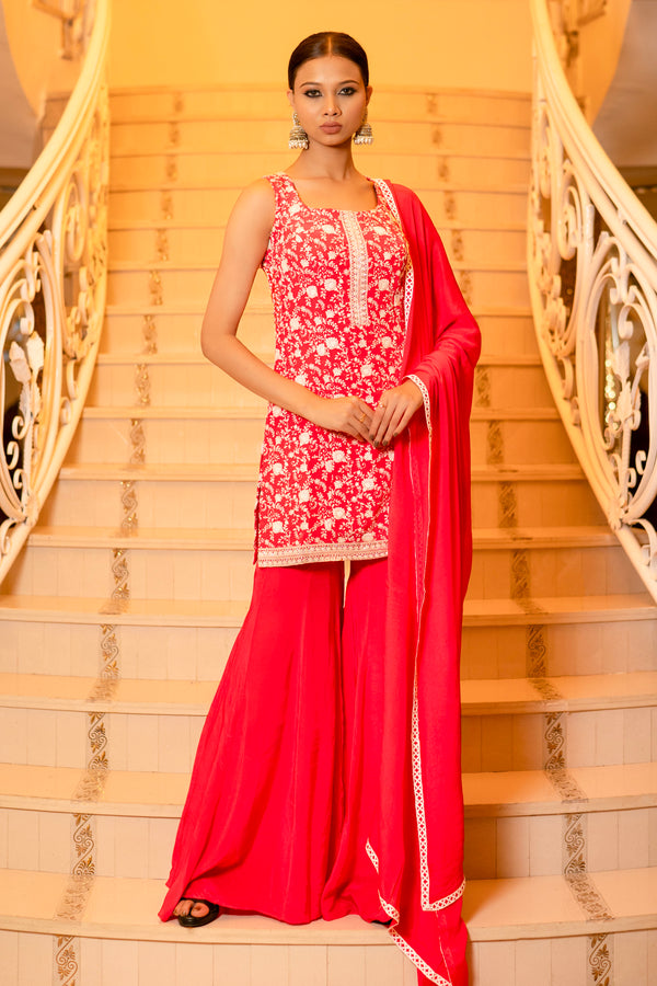 Crimson Red Pink Chiffon Chikankari Crepe Kurta and Palazzo Sets