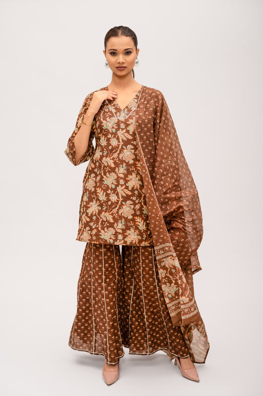 Brown Mal Cotton Floral Print Sharara Suit with Mirror Embroidery
