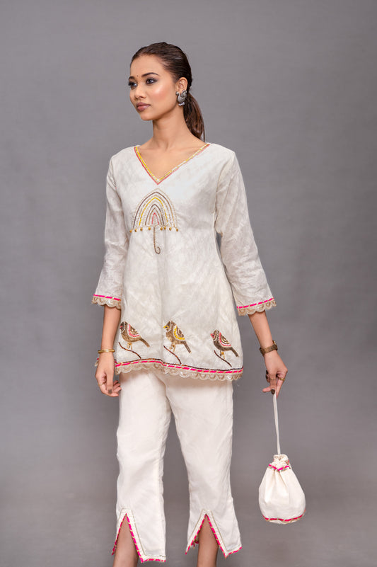 Beige Cotton Cord Set with Handwork Lace