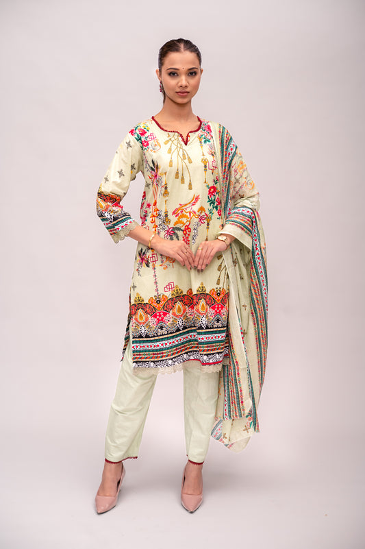 Pastel Green Cotton Suit with Embroidery with a Malmal Printed Dupatta