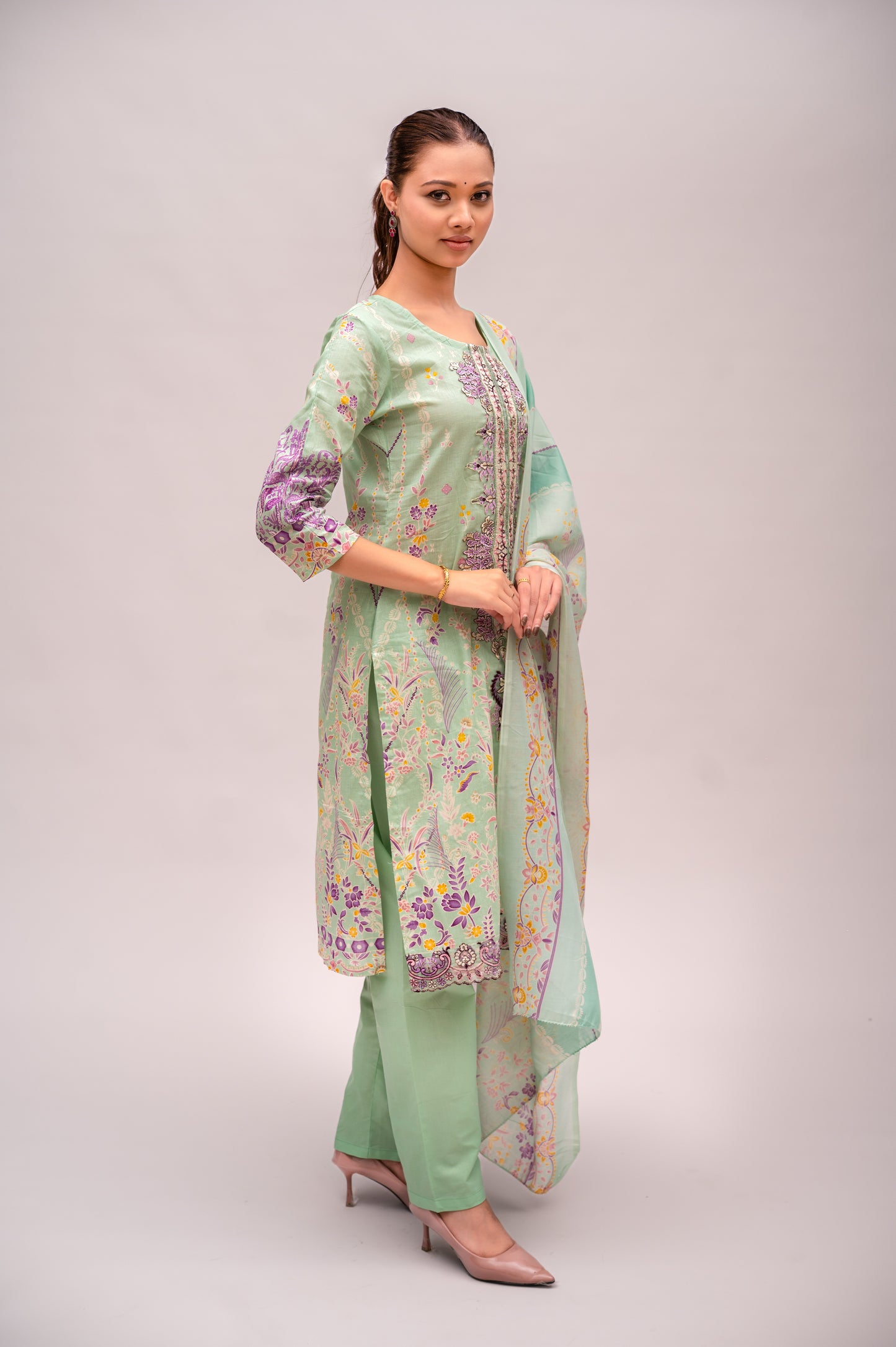 Green Cotton Lawn Suit with Embroidery with a Malmal Printed Dupatta