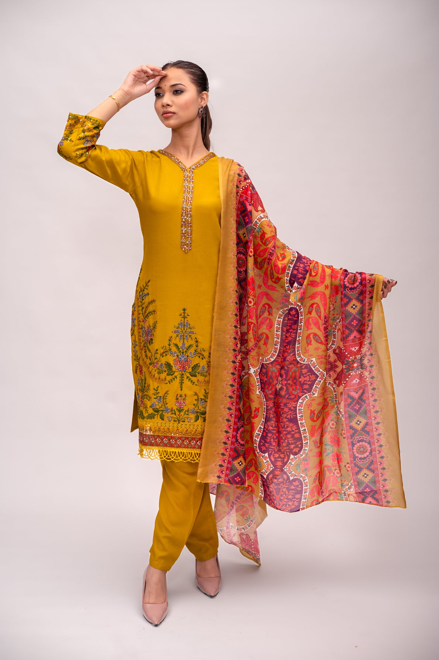 Lemon Yellow Cotton Suit with Embroidery with a Malmal Printed Dupatta