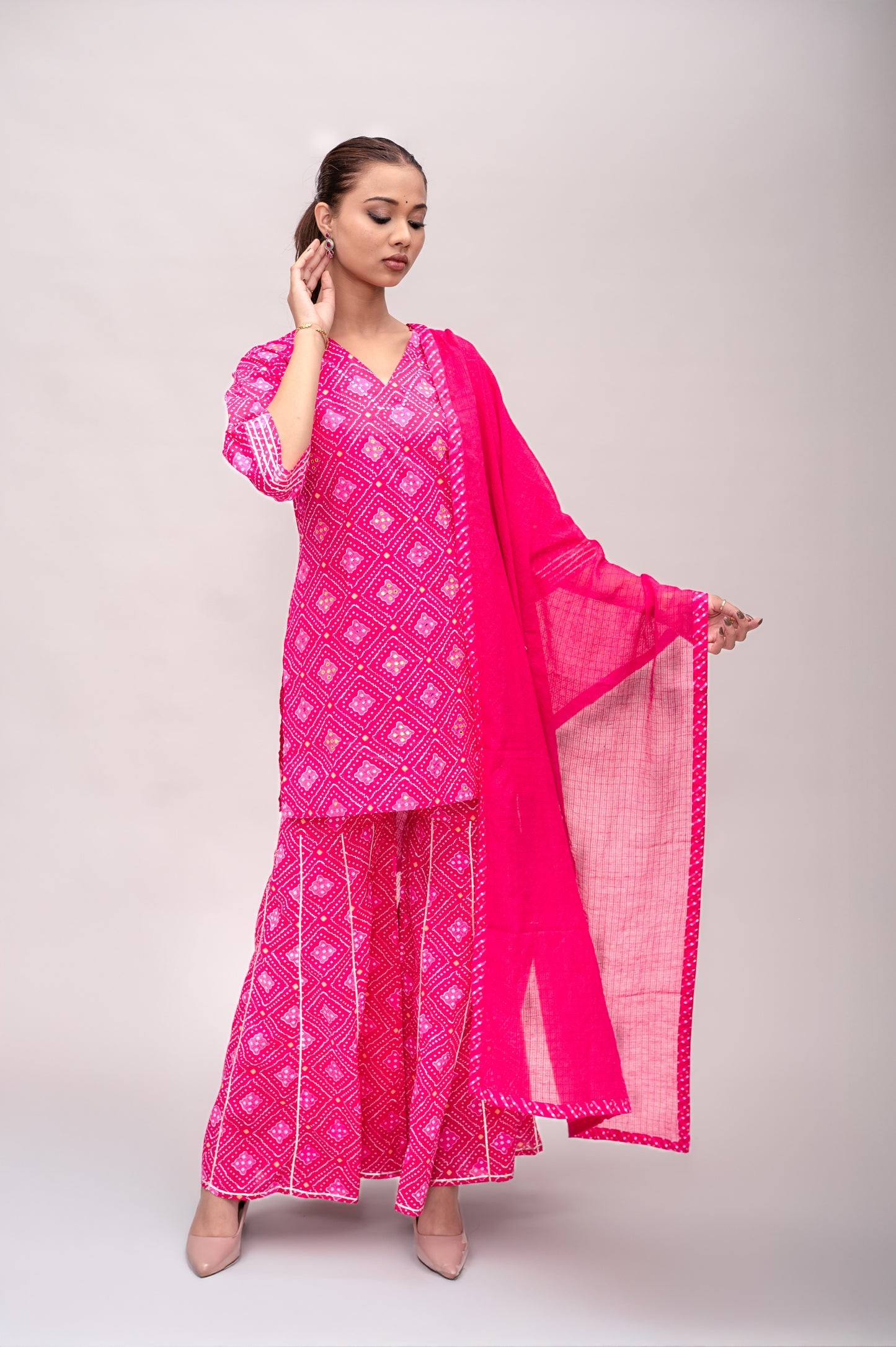 Fuchsia Pink Mal Cotton Bandhani Print Sharara Suit with Mirror Embroidery