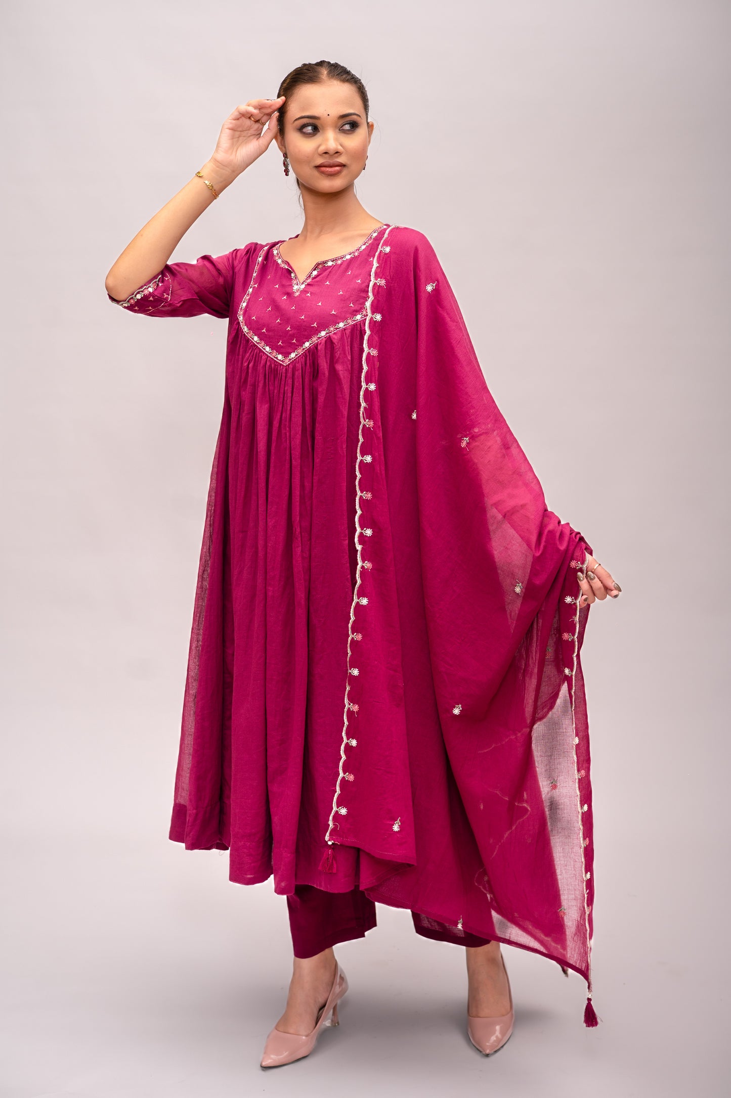 Wine Red Frock Suit with Pant & Dupatta With Thread Embroidery