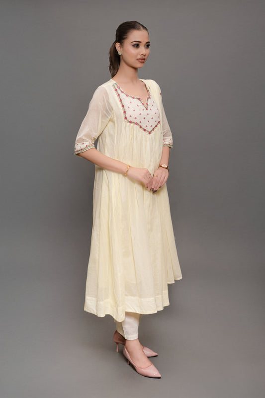 Off White Frock Suit with Pant & Dupatta WithThread Embroidery
