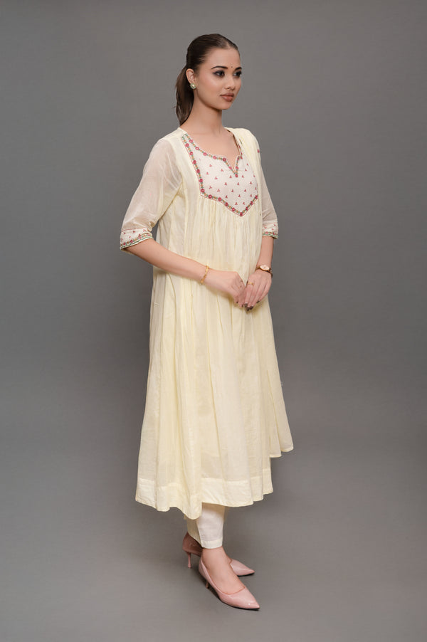 Off White Frock Suit with Pant & Dupatta WithThread Embroidery