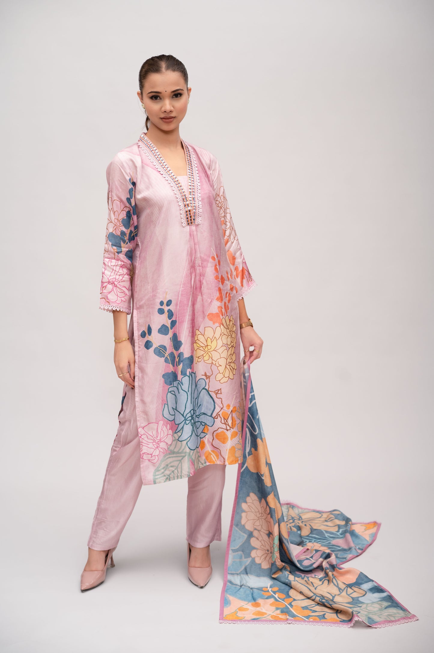 Pastel Pink Silk Suit with Pant and Dupatta – Lace and Mirror Embroidery