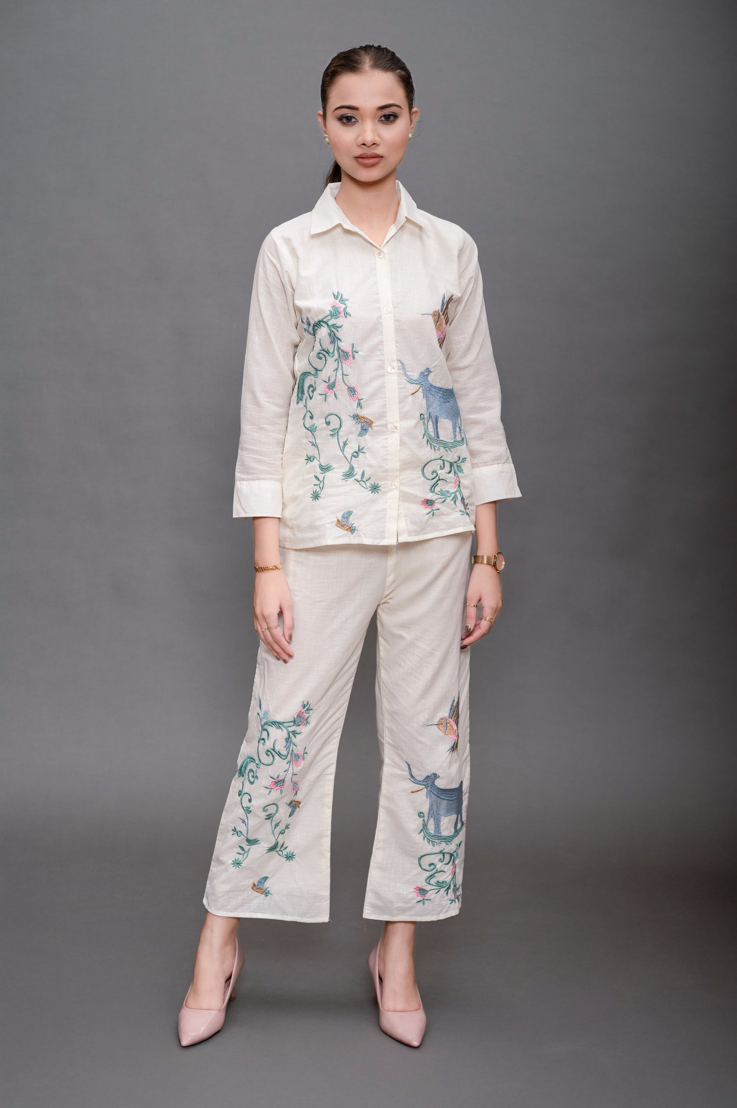 Cream White Cotton Cord Set with Embroidery and Animal Motifs