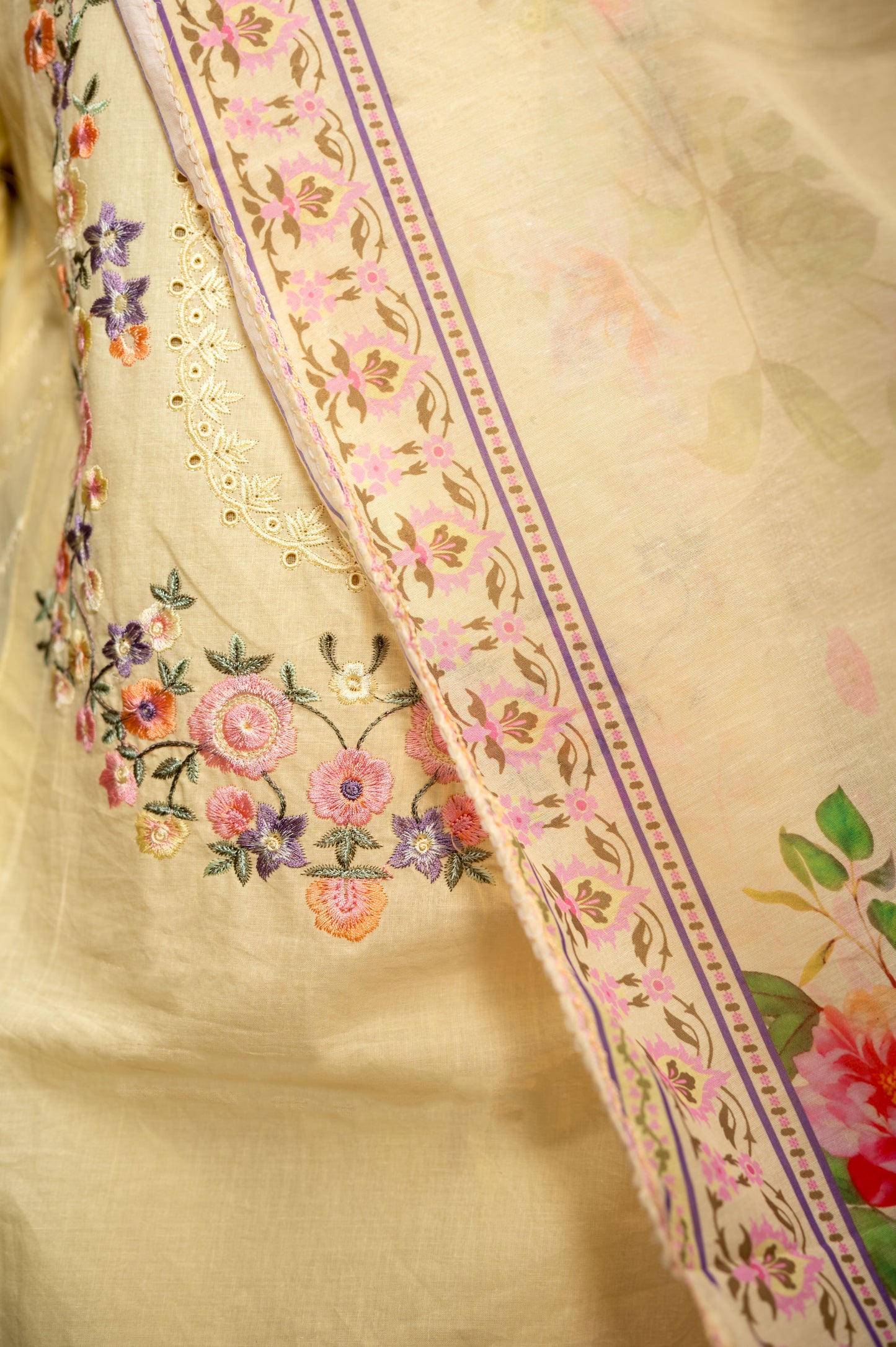 Lemon Yellow Cotton Suit with Embroidery with a Malmal Printed Dupatta