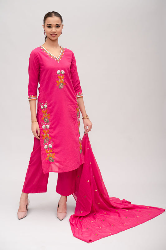 Fuchsia Pink Mal Cotton Straight Suit with Pant & Dupatta With Thread Embroidery and Mirror Work