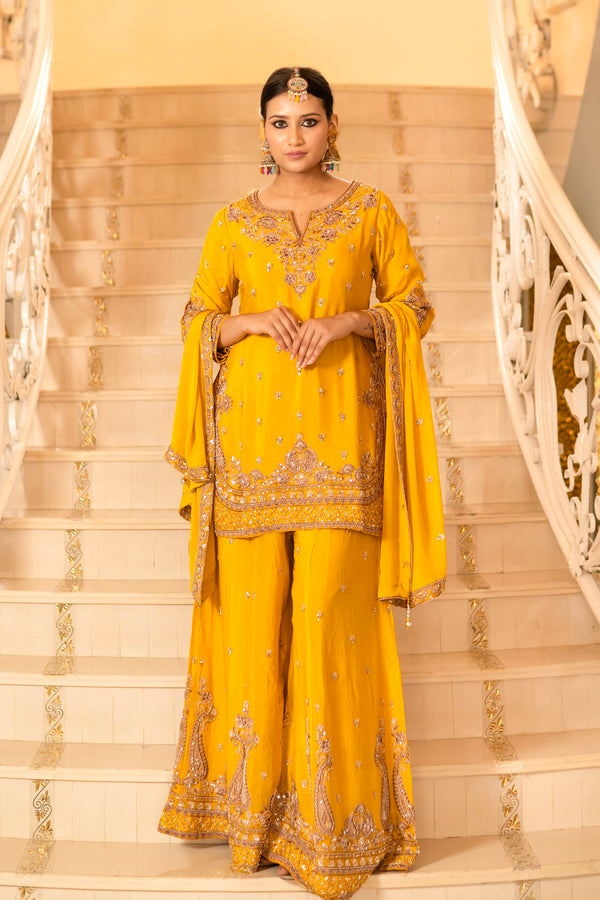Yellow Viscose Silk Detailed Heavy Embroidered Sharara Set