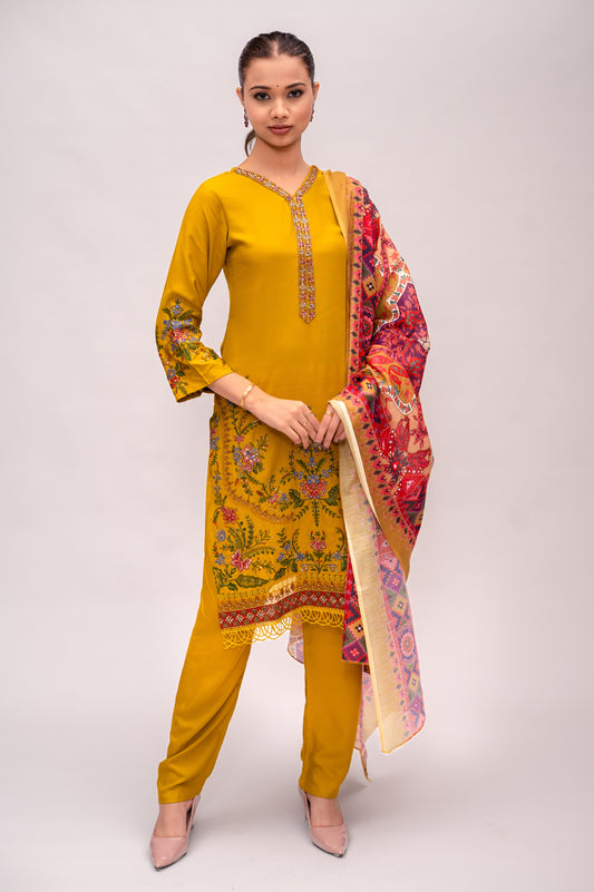 Lemon Yellow Cotton Suit with Embroidery with a Malmal Printed Dupatta