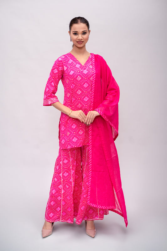 Fuchsia Pink Mal Cotton Bandhani Print Sharara Suit with Mirror Embroidery