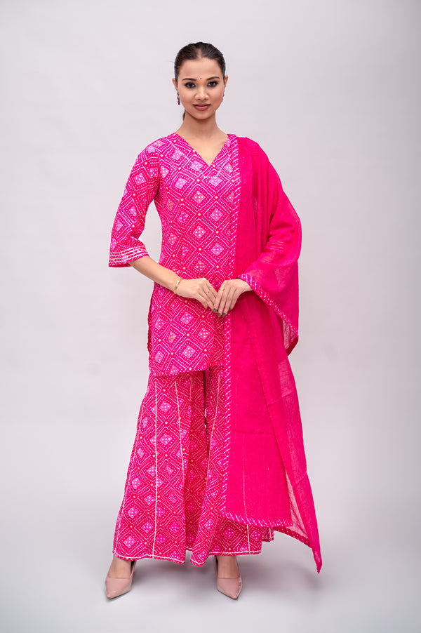 Fuchsia Pink Mal Cotton Bandhani Print Sharara Suit with Mirror Embroidery