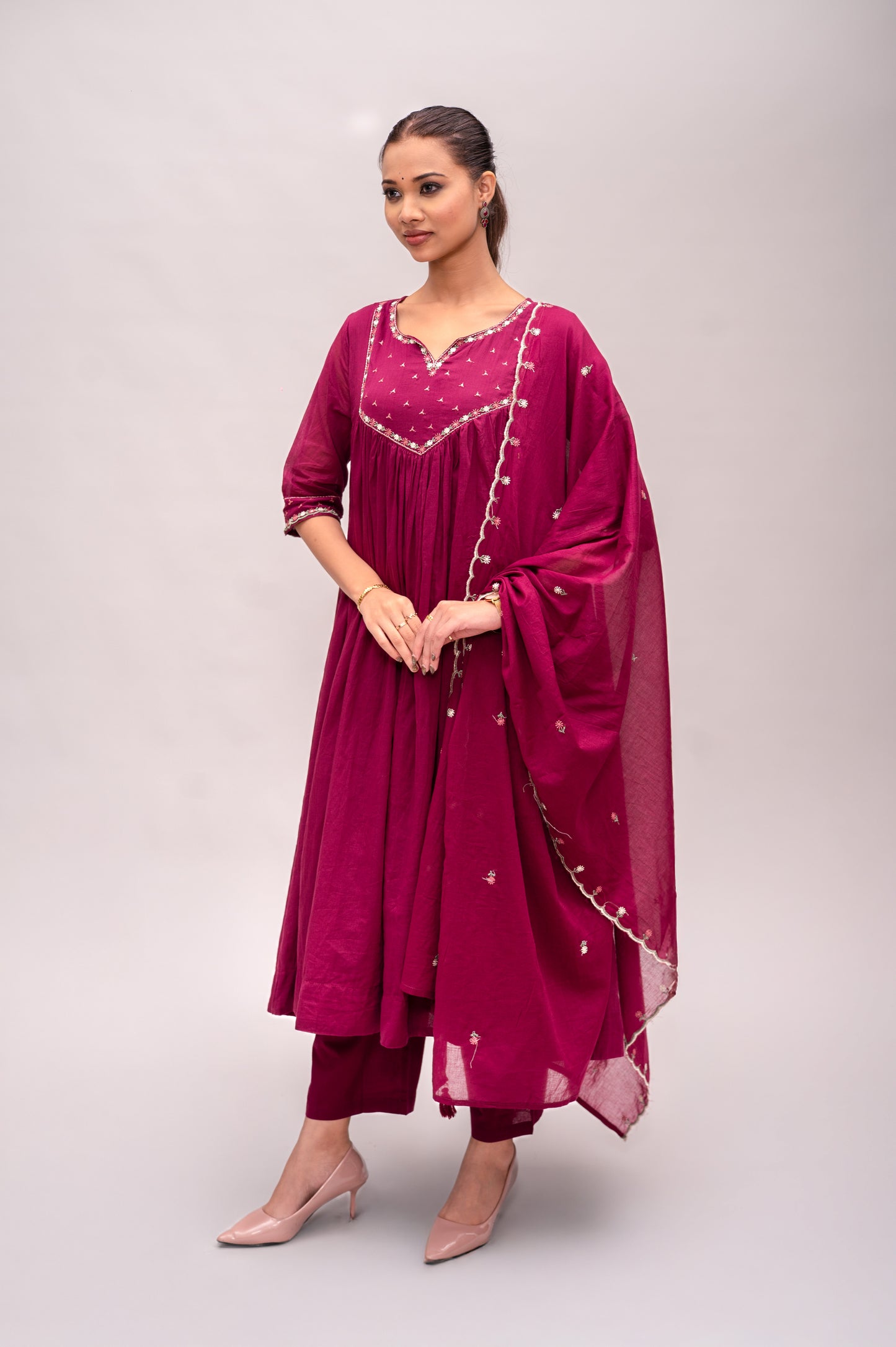 Wine Red Frock Suit with Pant & Dupatta With Thread Embroidery