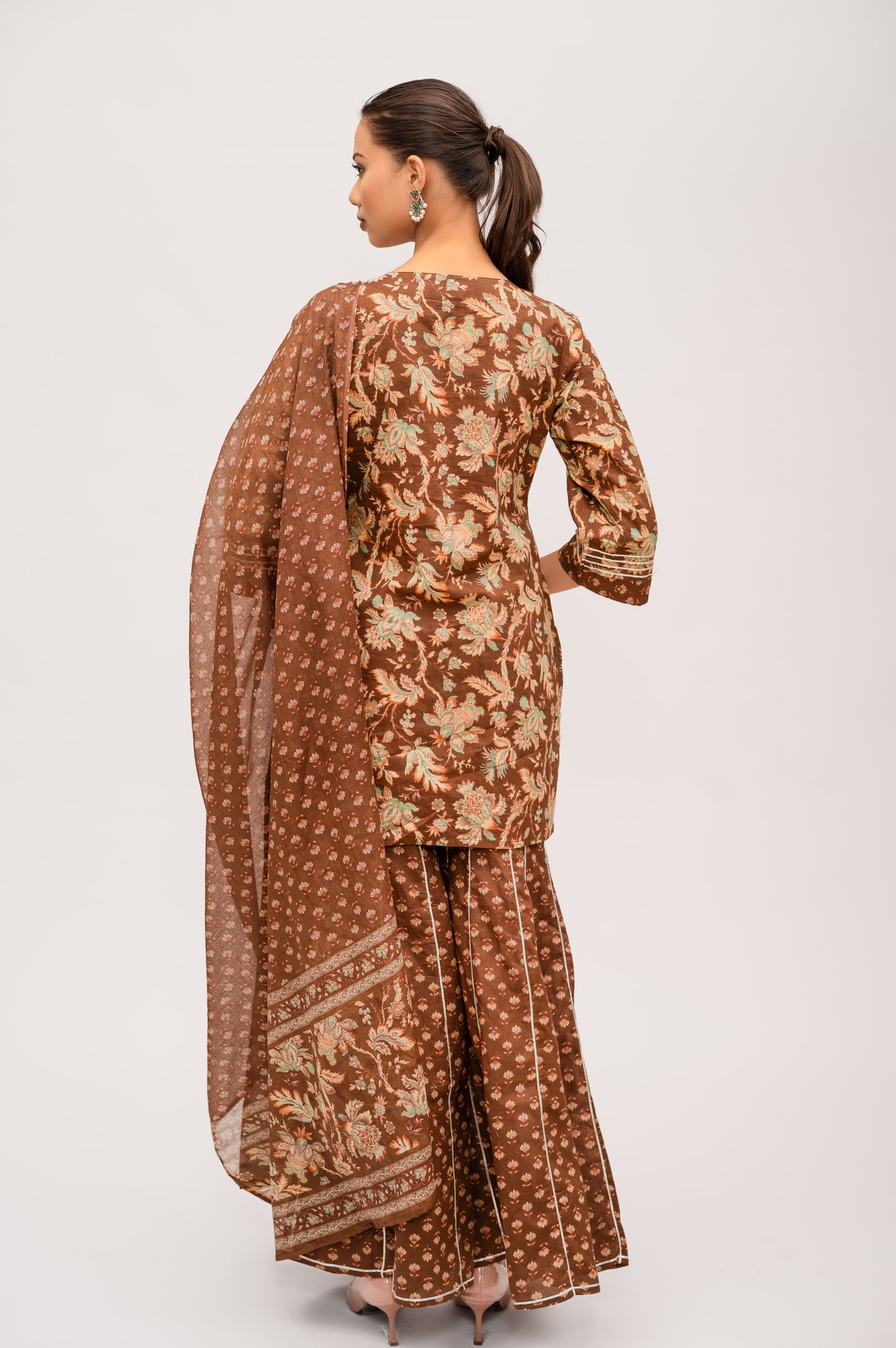 Brown Mal Cotton Floral Print Sharara Suit with Mirror Embroidery